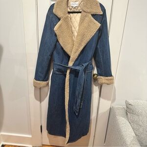 Emory Park Blue and Tan Belted Faux Shearling Trench Coat Size Large